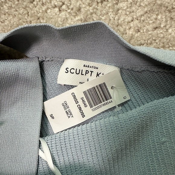 Aritzia Babaton Daze Grey Sculpt Knit Ribbed Criss Cross Halter Mini Dress - Picture 7 of 8